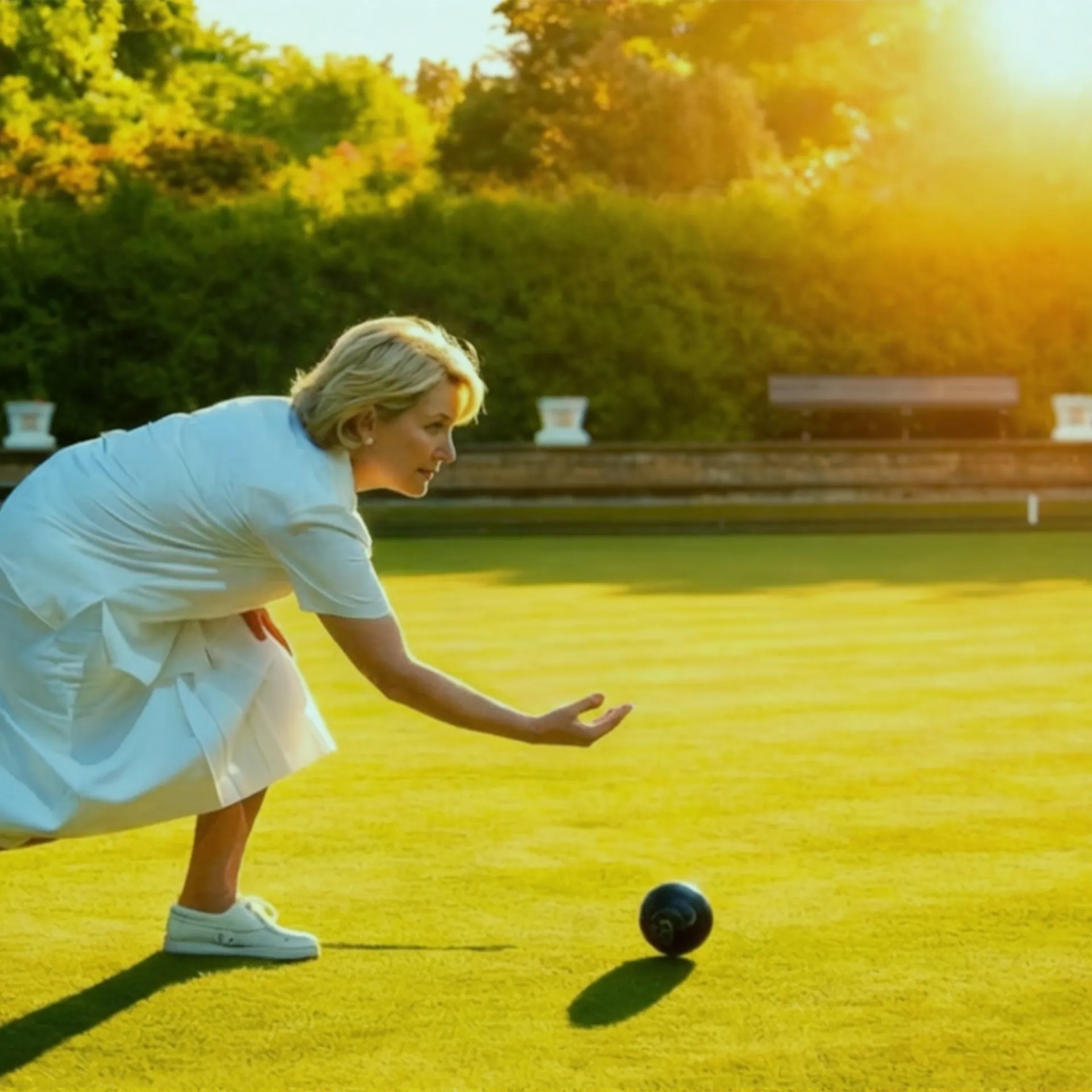 Older woman enjoying a game of bowls.