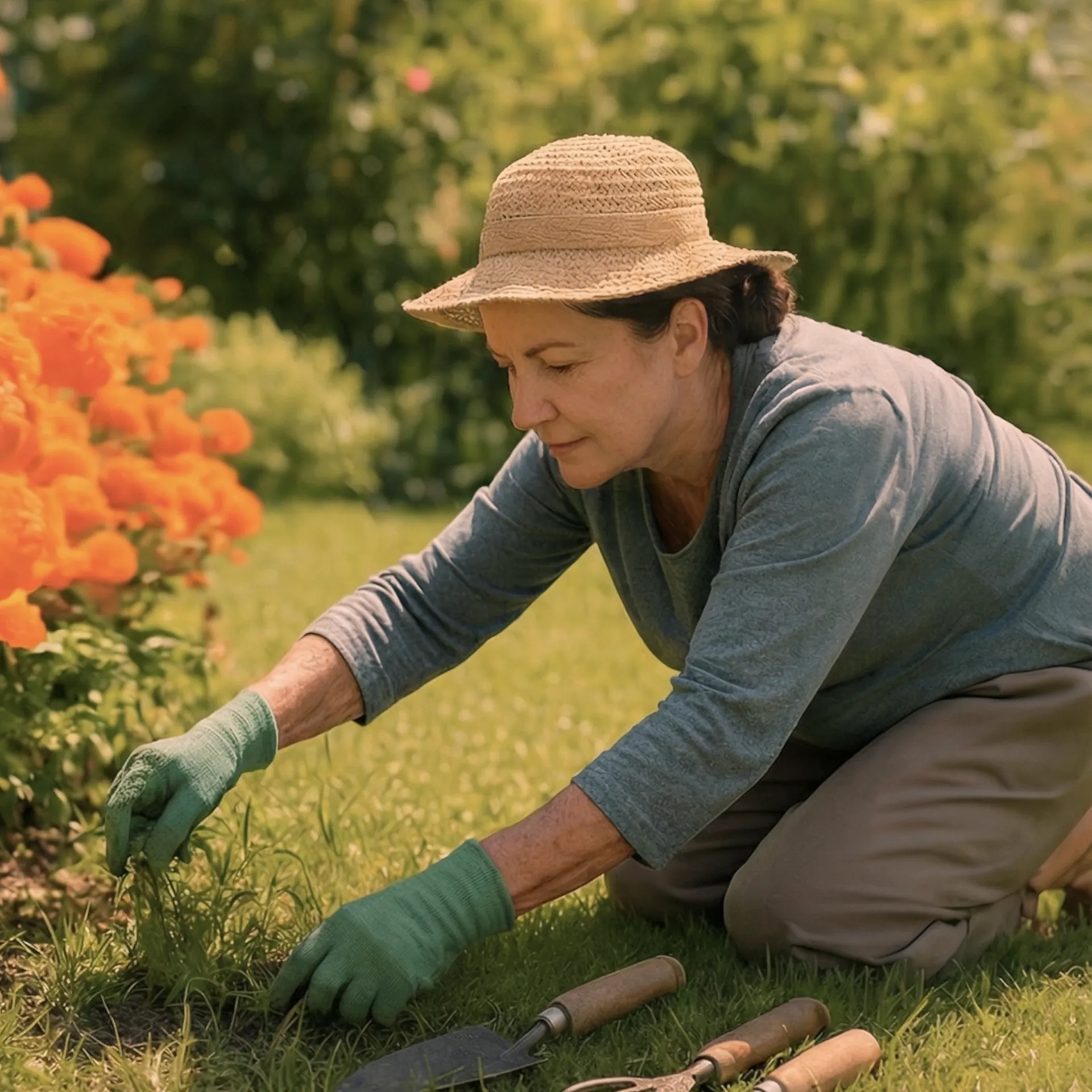 An older woman working on her garden plants, kneeling down.