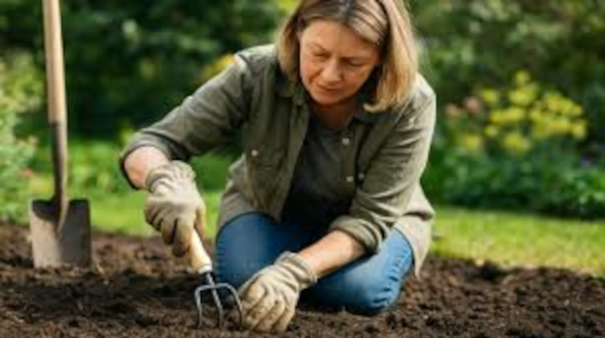 An older woman is working on her garden space while kneeling down.
